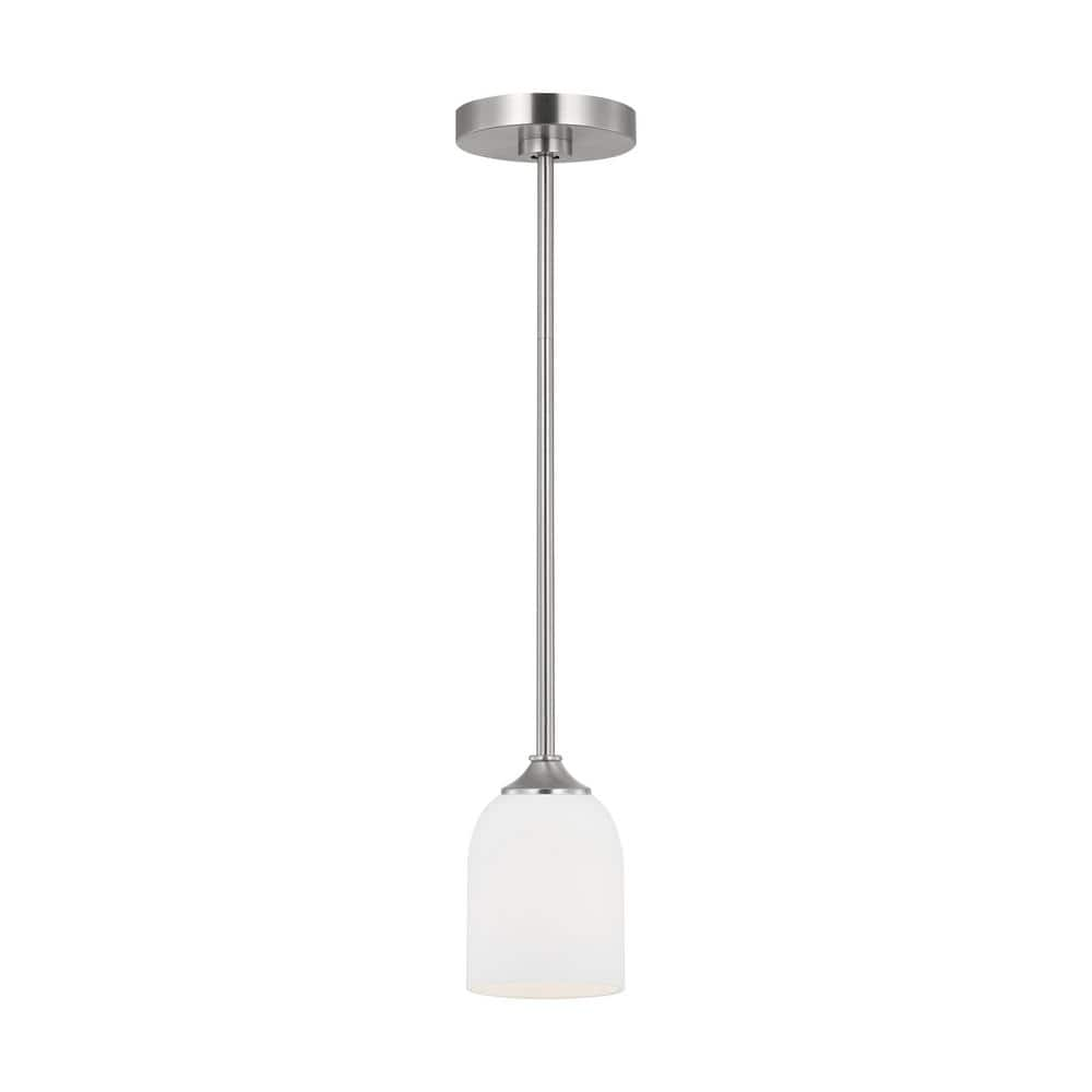 Generation Lighting Emile 1-Light Brushed Steel Mini Pendant Light with Etched White Glass Shade