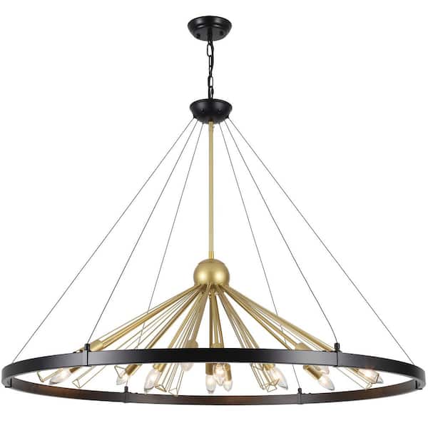 LWYTJO 12-Light Black/Gold Dimmable Farmhouse Sputnik Sphere Adjustable Wagon Wheel Chandelier for Living Room Kitchen Island