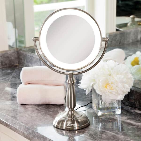 7.5 in. x 17.25 in. Smart Touch Dimming LED Freestanding Bi-View 10X/1X Vanity Beauty Makeup Mirror in Satin Nickel