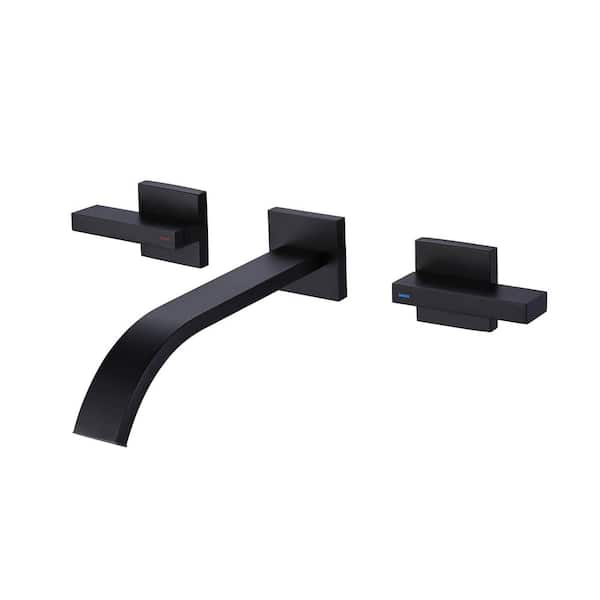 AIMADI Double Handle Wall Mounted Bathroom Faucet with Valve 3 Hole Brass Waterfall Bathroom Sink Taps in Matte Black