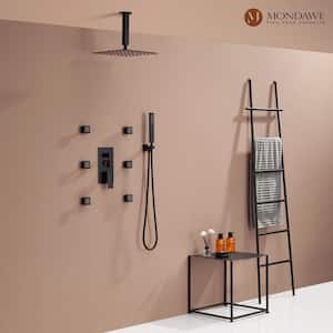 Temperature Display 3-Spray Patterns Thermostatic 12 in. Ceiling Mount Rain Dual Shower Heads with 6-Jet in Matte Black