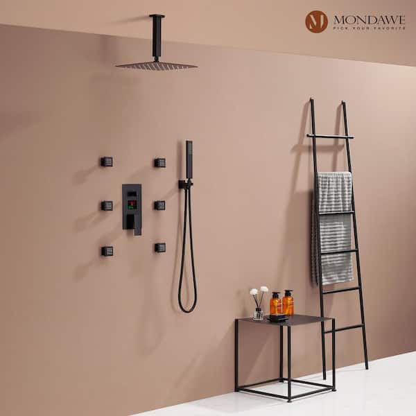 LED Display 3 Spray Patterns 12 in. Ceiling Mount Fixed and Handheld Shower Head in Matte Black 2.5 GPM Valve Included