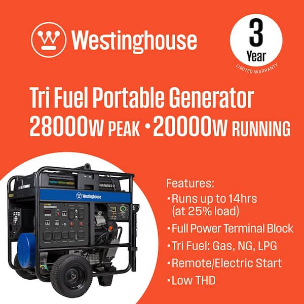 28,000/20,000-Watt Remote Electric Start Tri-Fuel Gas, Propane, Natural Gas Powered Portable Generator w/ Low THD