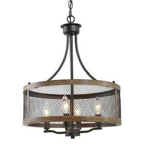 4-Light Black Drum Chandelier Candlestick Dark Brown Farmhouse Round Pendant with Open Cage Frame and Wood Accent