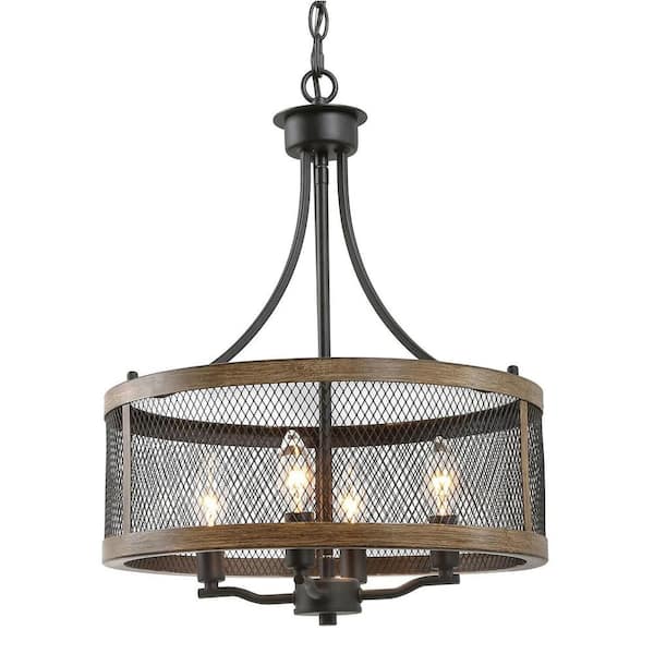 YANSUN 4-Light Black Drum Chandelier Candlestick Dark Brown Farmhouse Round Pendant with Open Cage Frame and Wood Accent