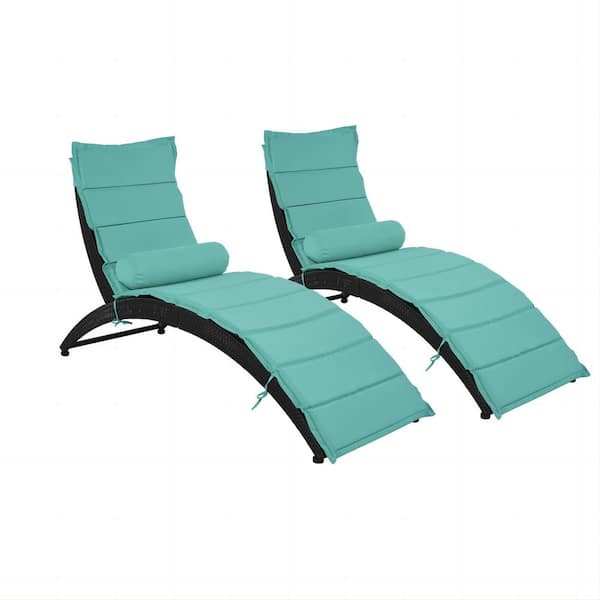 Polibi Black Frame Wicker Patio PE Rattan Foldable Outdoor Chaise Lounger with Blue Removable Cushion Set of 2