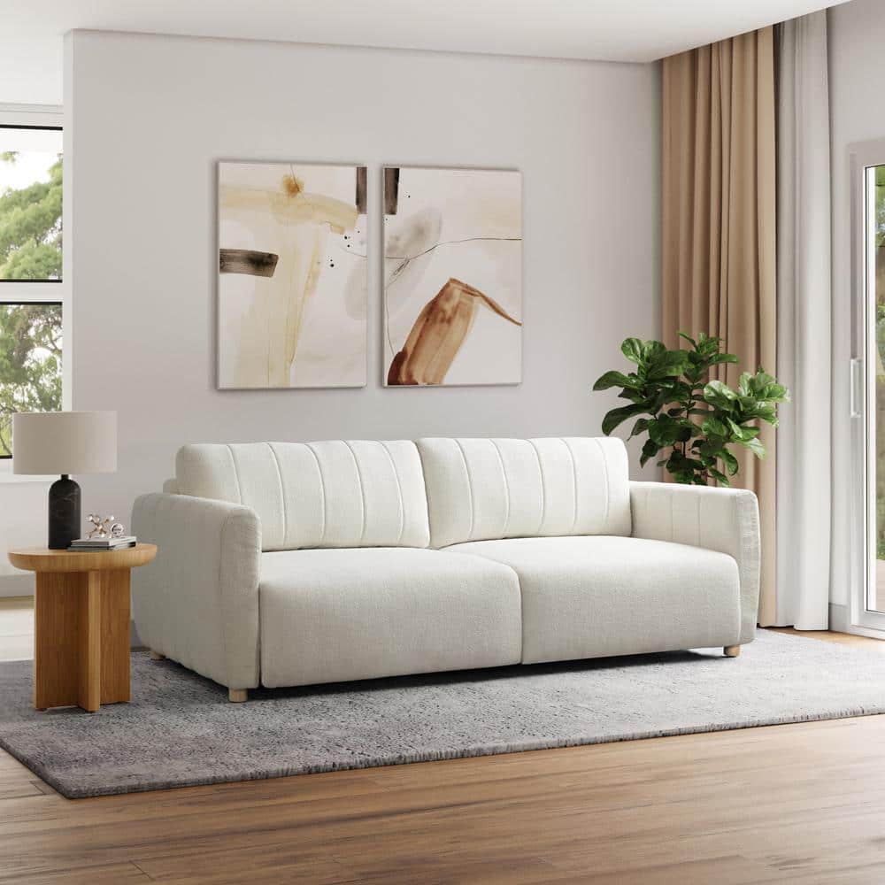 Ivory Boucle Tufted Queen Convertible Sleeper Sofa
