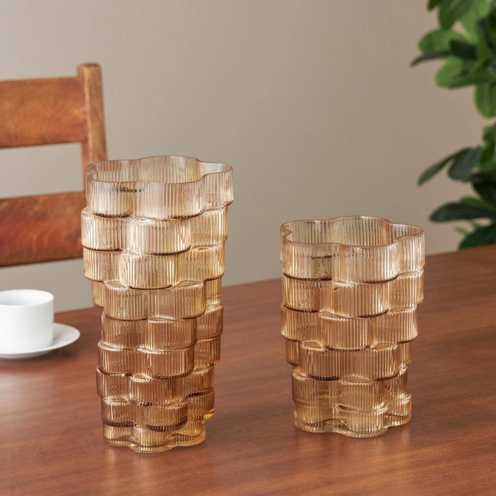Brown Ribbed Glass Round Table Vase Set