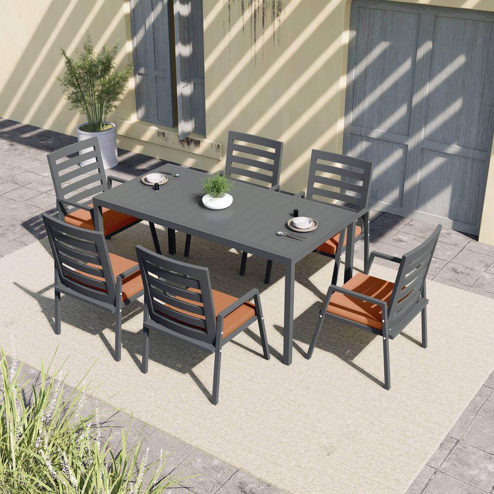 Chelsea 7-Piece Aluminum Dining Set with Rectangular Extendable Table and 6 Dining Chairs with Cushions in Orange