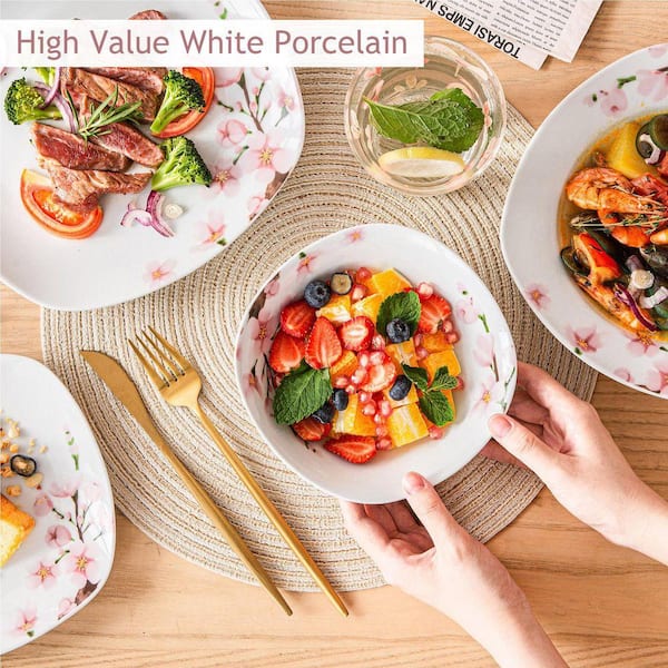 VEWEET 48-Piece Pink Floral Ivory White Porcelain Dinnerware (Set