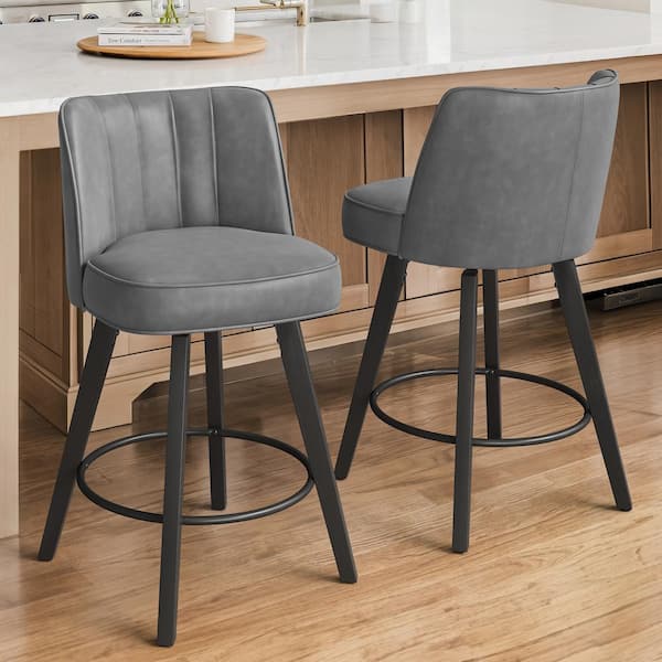 Paul 26 in. Dark Gray Modern Faux Leather 360° Swivel High Back Barstool Solid Wood Counter Height stool (Set of 2)