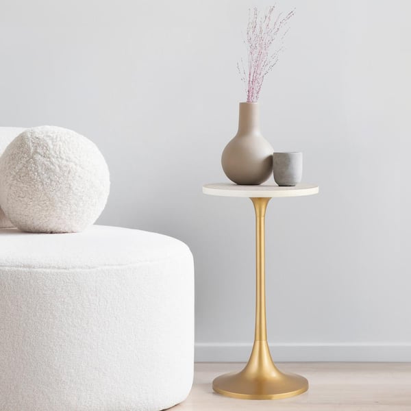 Nysha 25 in. Modern Bohemian Metal/Resin Inlay Top End Table, Beige/White