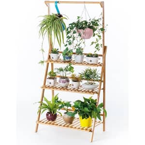 Hanging Plant Rack Storage Folding Display Shelf Made of Pure Natural Wood (3-Tier)