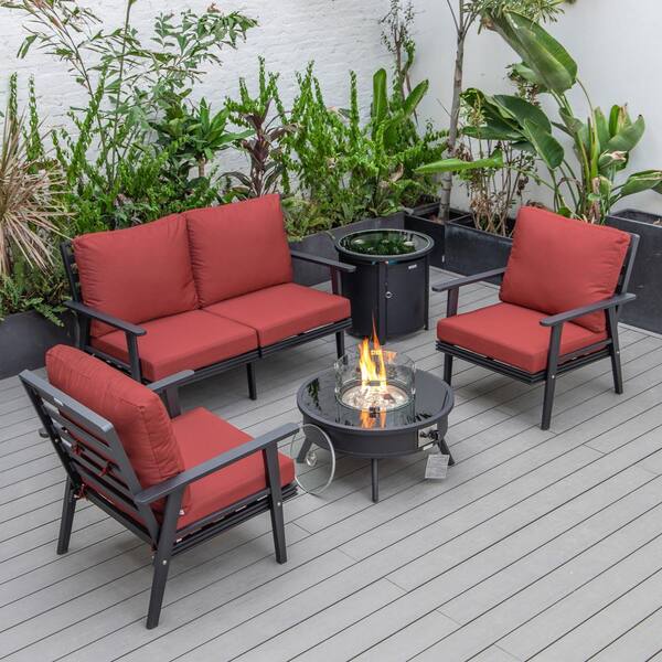 Leisuremod Walbrooke Black 5-Piece Aluminum Round Patio Fire Pit Set with Red Cushions and Tank Holder