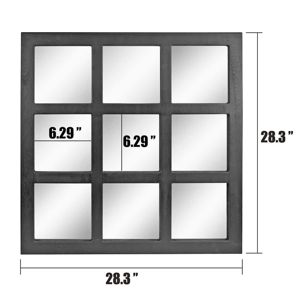 23.5" Black Rustic Wood 9-Panel Square Wall Mirror