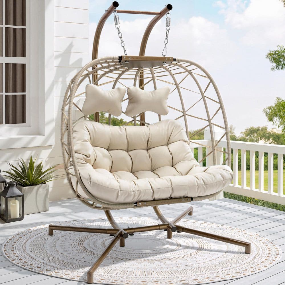 FINCATI Oversized 2-Person Patio Wicker Hanging Egg Swing Chair