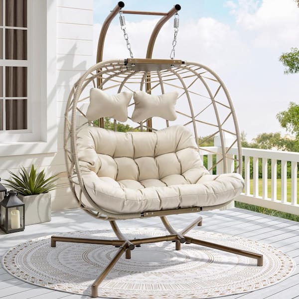 FINCATI Oversized 2-Person Patio Wicker Hanging Egg Swing Chair Indoor Outdoor Porch Lounge Chair with Stand and Beige Cushion