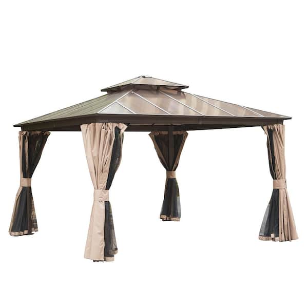 domi outdoor living 12 ft. W x 12 ft. D Aluminum Hardtop Polycarbonate Double Roof Gazebo, Curtains and Netting