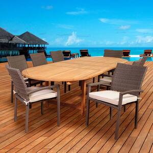 Leeroy 9-Piece Teak/Wicker Double Extendable Oval Patio Dining Set with Off-White Cushions