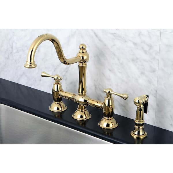 Kingston Brass Heritage Brushed Brass 2-handle Bridge Kitchen Faucet in the  Kitchen Faucets department at