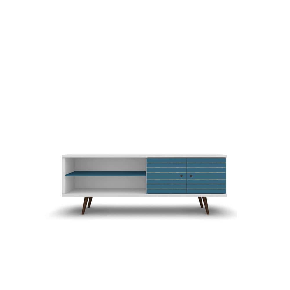 Aqua Blue and White Mid-Century Modern 63" TV Stand with Cabinet