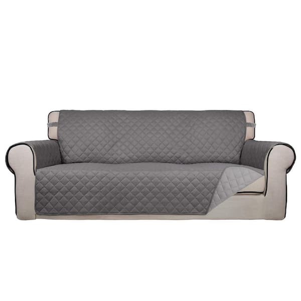 Angel Sar Gray and Light Gray Reversible Quilted Sofa Cover, Polyester Sofa Slipcover with Non-Slip Foam and Elastic Straps