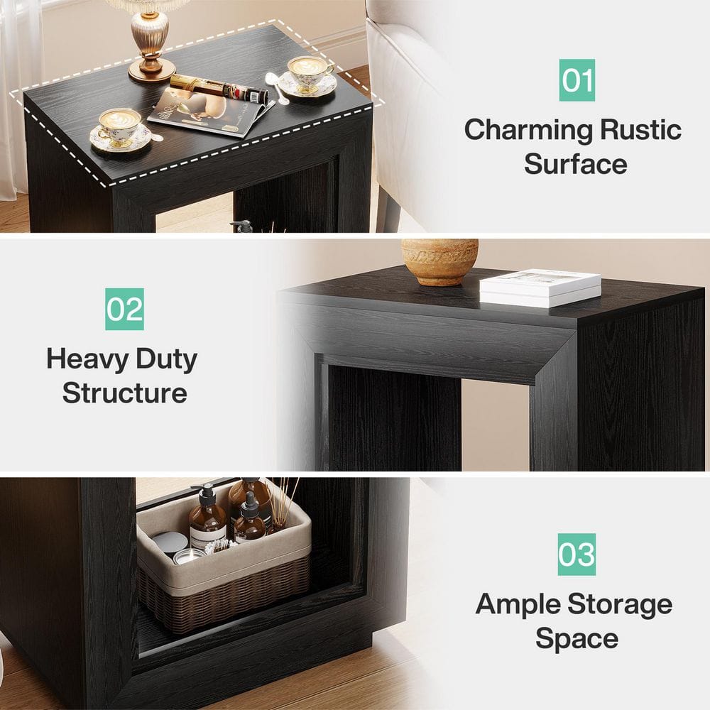 Kerlin 23.62 in. Black Rectangular Wood End Table, Nightstand Bedside Table With Storage, 2-piece - thumbnail 6