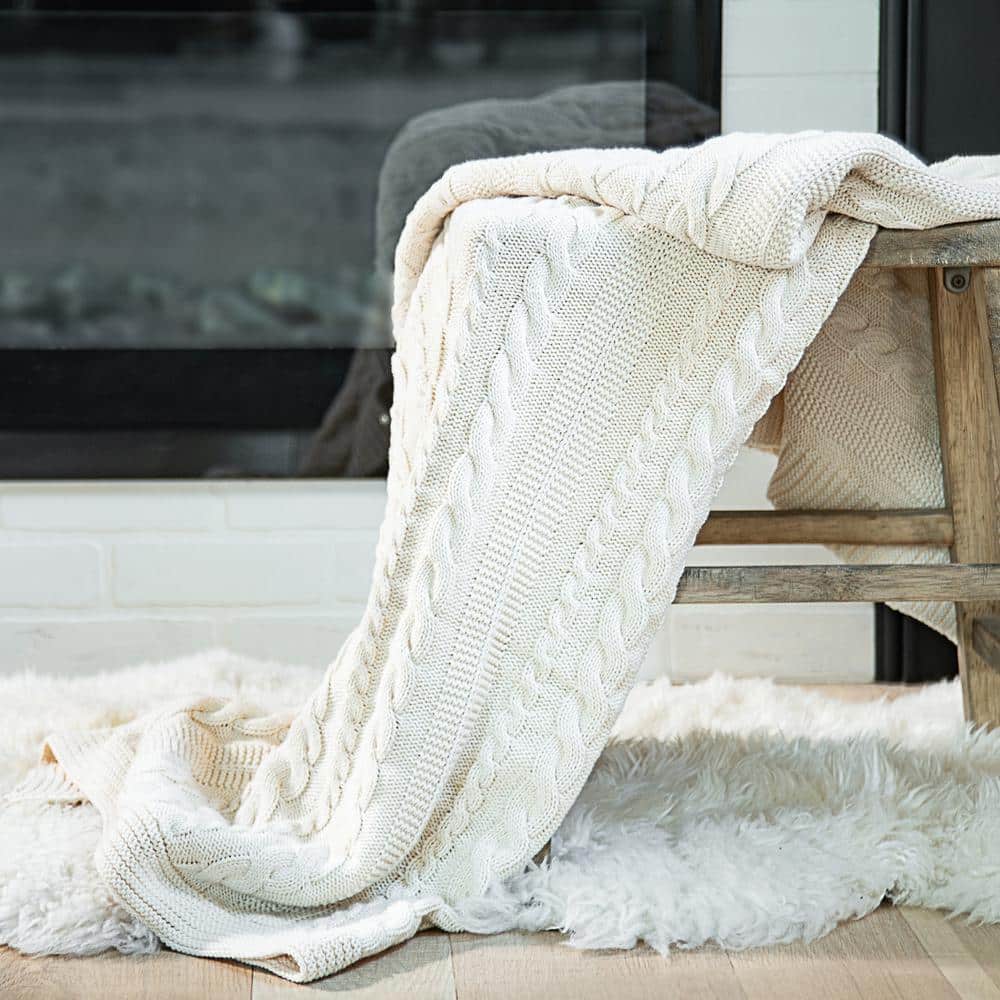 Ivory Organic Cotton Cable Knitted Baby Throw Blanket