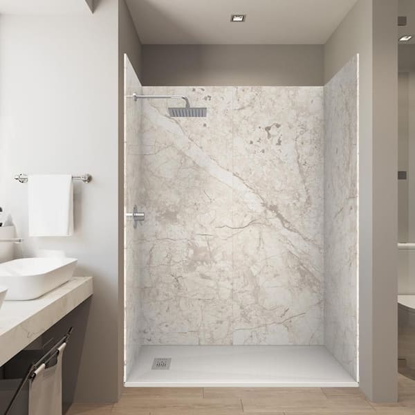 Botticcino Beige 32 in. x 60 in. x 84 in. Solid Composite Stone Alcove Shower Kit w/ Walls and White Pan Base L/R Drain