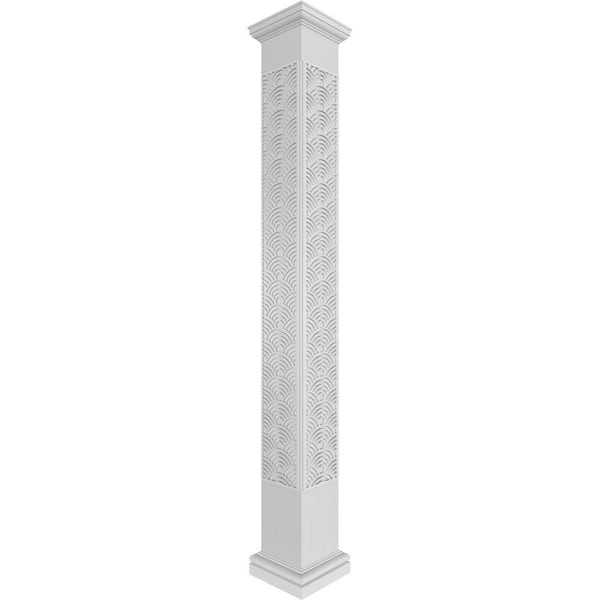 Ekena Millwork 7-5/8 in. x 10 ft. Premium Square Non-Tapered Art Deco Fretwork PVC Column Wrap Kit w/Tuscan Capital and Base