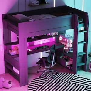 Gaming Style Gray Twin Wood Loft Bed with Built-In Tabletop, LED, Charging Station, Multiple Storage Shelves, Drawer