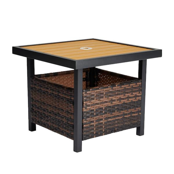 Karl home Brown Wicker Imitation Wood Outdoor Side Table with Umbrella Hole