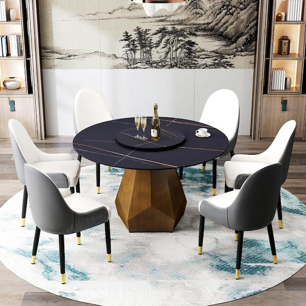 Magic Home 53 in. Black Circular Rotable Sintered Stone Tabletop with Lazy Susan Pedestal Base Kitchen Dining Table (Seats-6)
