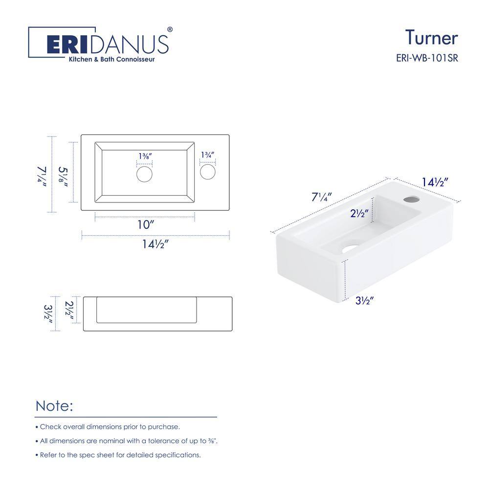 Turner 14" x 7" White Ceramic Rectangular Wall Mount Bathroom Sink