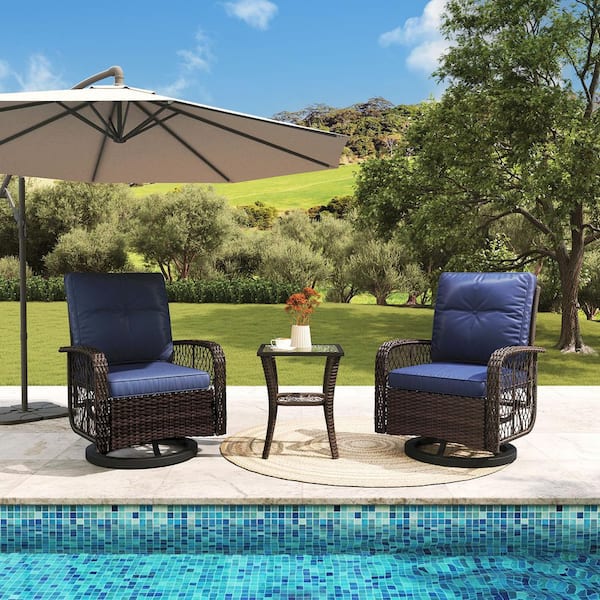 Sizzim Natural Blue 3-Piece Wicker Outdoor Rocking Chair Set Outdoor Swivel Chairs with Blue Cushion