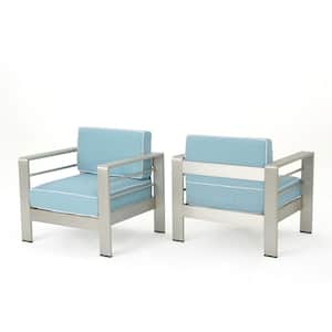 CapeCoral Silver Removable Cushions Aluminum Outdoor Lounge Chair with Light Teal and White Corded Cushions (2-Pack)