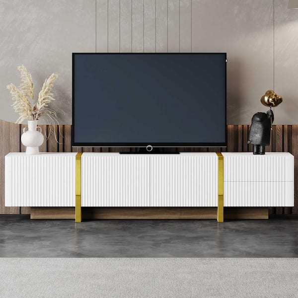 Polibi Modern White TV Stand Fits TV's Up to 80 in. with Storage Cabinets & Drawers, Golden Wood Grain Legs