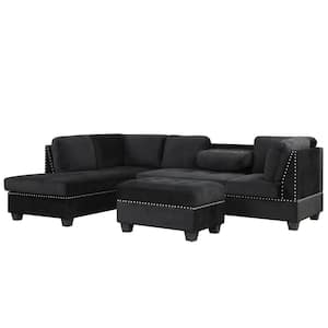 104.5 in. Square Arm Velvet L-shaped Sofa with Storage Ottoman Rivet Ornament L-shape Couch in. Black