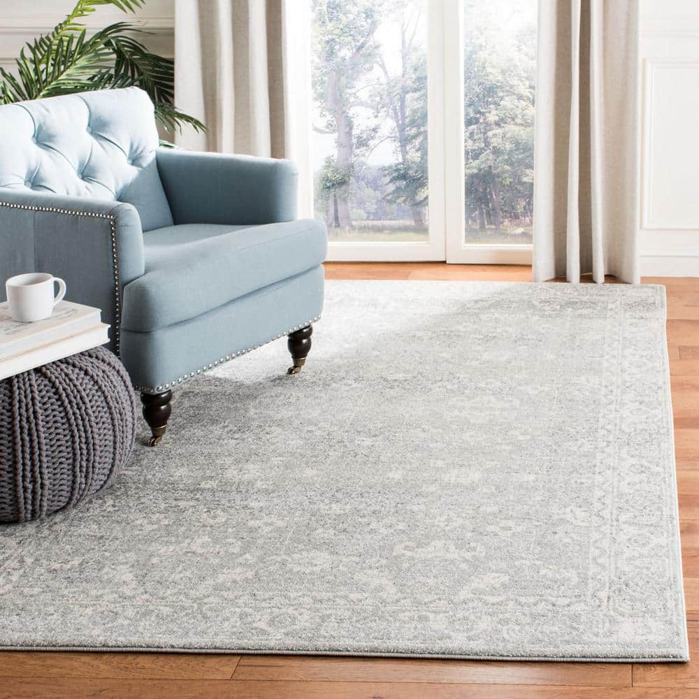 Silver and Ivory High Pile Synthetic Square Rug