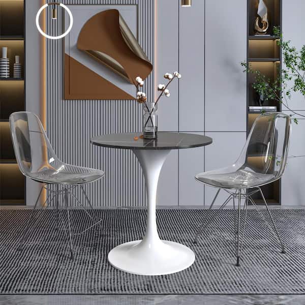 Leisuremod Verve Modern Dining Table with a 27 Round Sintered Stone Tabletop and White Stainless Steel Pedestal Base, Black