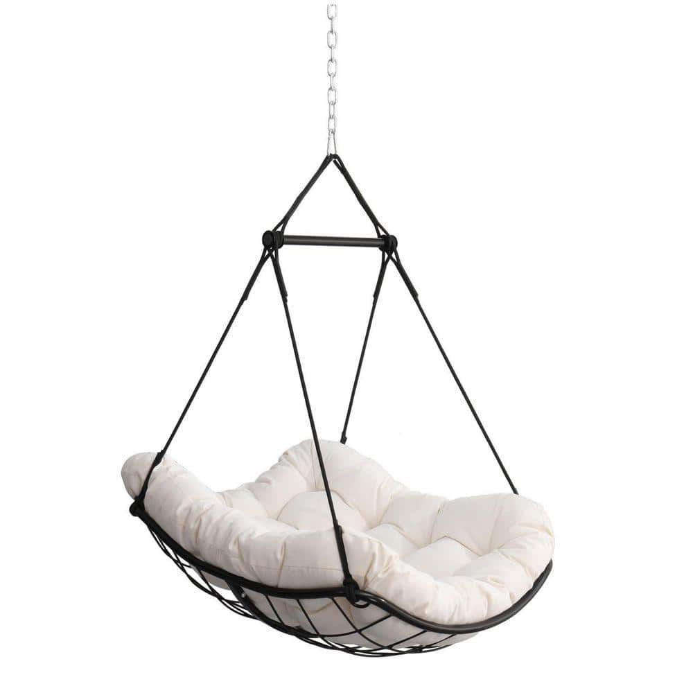 Anky 1-Person Black Sling Porch Swing, Hanging Egg Hammock Chair with Off White Cushion