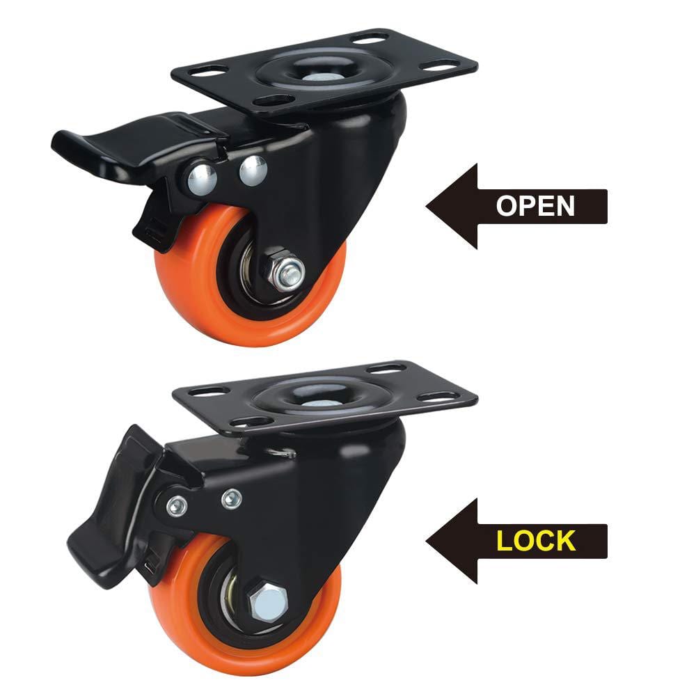 2" Orange Polyurethane Heavy Duty Caster Wheels with Brake, Set of 4