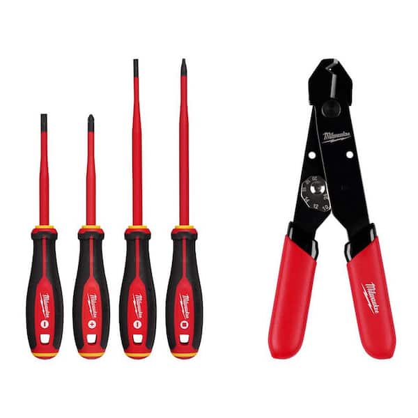 Milwaukee 1000V Insulated Slim Tip Screwdriver Set with 12-24 AWG Adjustable Compact Wire Stripper and Cutter (5-Piece)