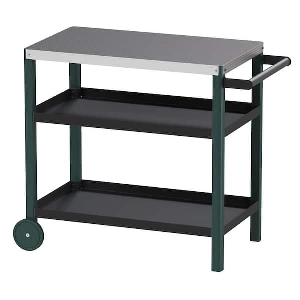 Outdoor Stainless Steel 3-Shelf Grill Cart Table for Pizza Oven, Patio Grilling Backyard BBQ, Black, Blackish Green