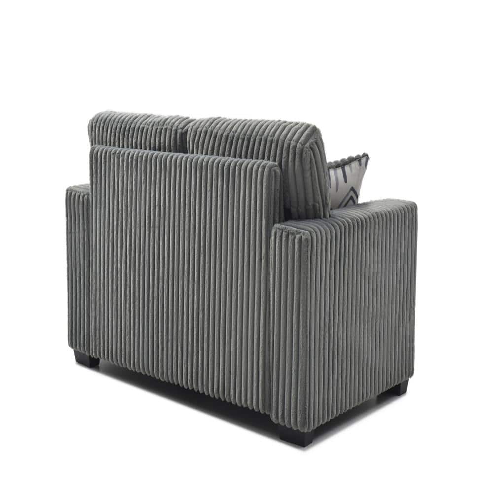 Rear three-quarter view of a gray corduroy loveseat sofa.