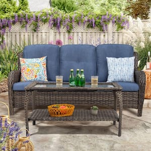 2-Piece 3-Seat Wicker Patio Conversation Set with Blue Cushions and Coffee Table