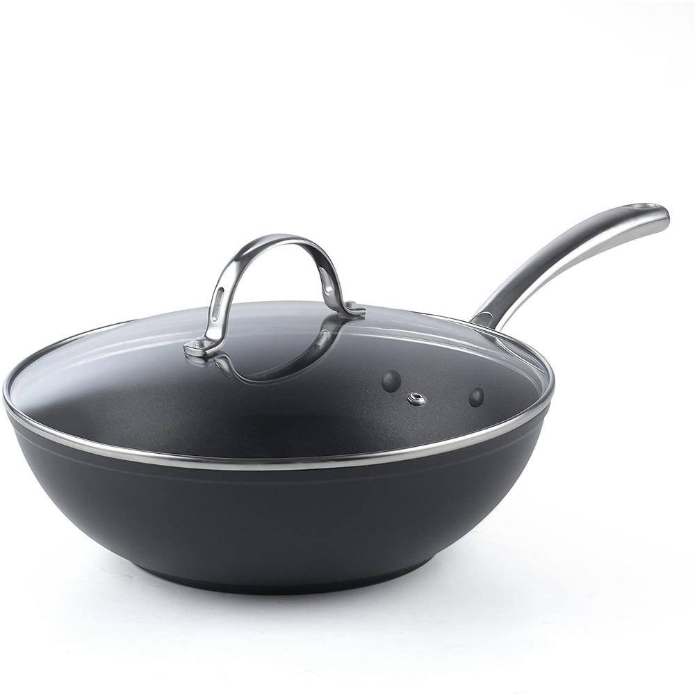 11 in. Black Hard Anodized Aluminum Nonstick Wok Stir Fry Pan