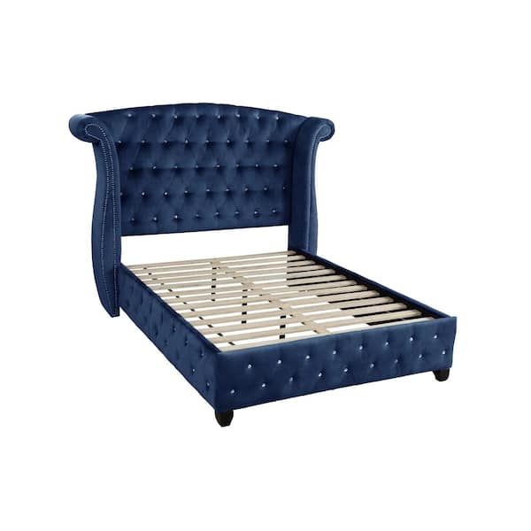 LUCKY ONE Lucky Start 76 in. W Blue Full Size Velvet Upholstered Solid Manufactured Wood Platform Bed Frame with Wingback 4-pcs