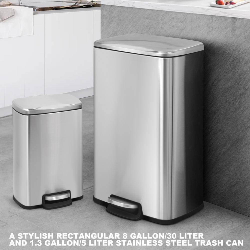 Fingerprint Resistant Brushed Stainless Steel Step-On Trash Can Set