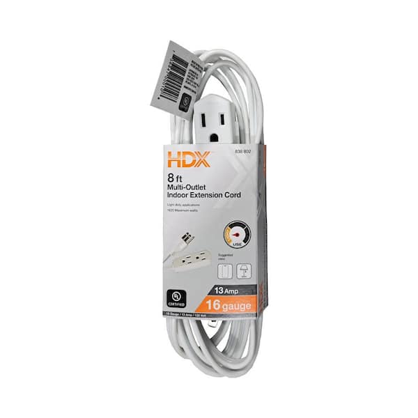 HDX 8 ft. 16/3 Light Duty Indoor Extension Cord with Banana Tap, White  HD#838-802 - The Home Depot